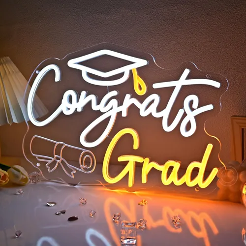 Miniatura 7 de Britrio Letrero de neón con texto en inglés "Congrats Grad" para graduación, celebración, fiesta, decoración iluminada, clase de 2026