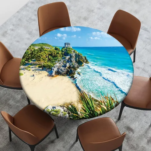 Miniatura 14 de Mantel con patrón de playa, borde elástico, impermeable, lavable, para uso en interiores y exteriores, patio, turquesa aguamarina, para mesas
