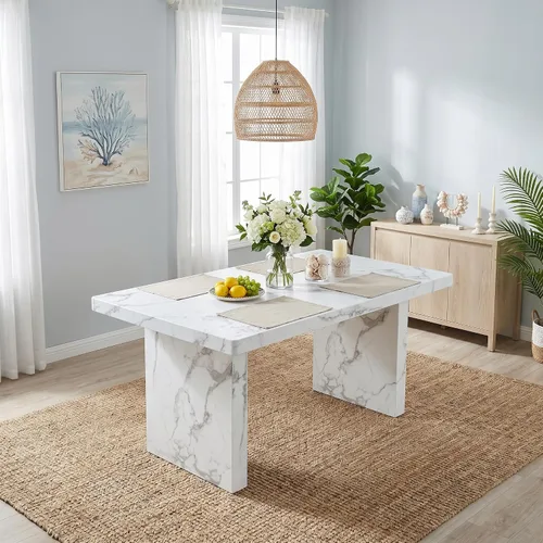 gopop Mesa de comedor de mármol de 63 pulgadas, tablero de mesa de comedor MDF con patrón de mármol y base para cocina y comedor.