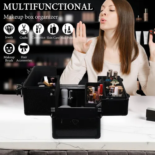 Miniatura 4 de Estuche de maquillaje grande para maquillaje, estuche organizador de cosméticos, caja de viaje portátil para artistas de maquillaje con 4 bandejas
