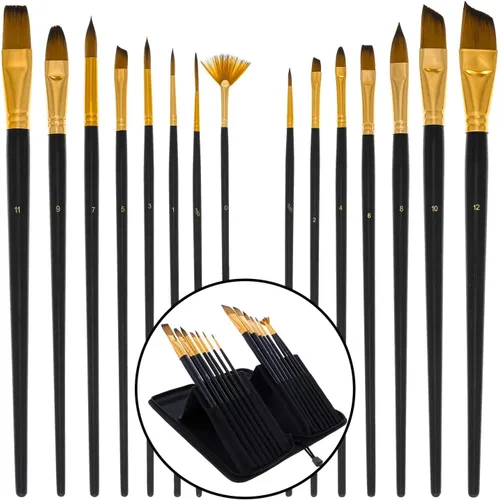 U.S. Art Supply Juego de 15 pinceles de pintura sintética de mango largo para artistas, juego de pinceles acrílicos de aceite de gouache de acuarela