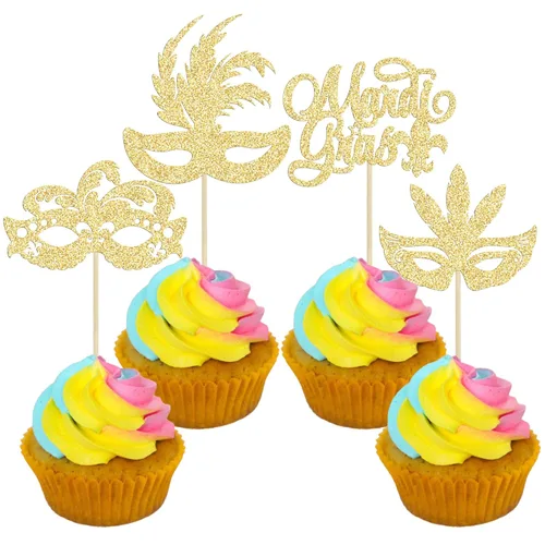 Miniatura 16 de Gyufise 24 máscaras de mascarada para cupcakes con purpurina para despedida de soltera, para cupcakes, comida y frutas, baile de máscaras, Mardi