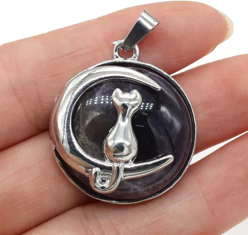 Miniatura 3 de LE SKY 10 colgantes de piedra natural de forma redonda, piedra de cristal mixta, aleación de gato, patrón para hacer joyas y collares