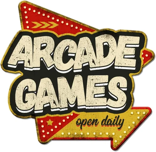 GLOBLELAND Letrero de metal vintage con texto en inglés "Arcade Games", letrero retro para sala de juegos, decoración de pared de metal, para sala
