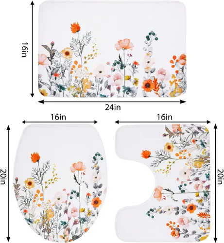 Miniatura 2 de Juego de alfombras y tapetes de baño, juego de 3 piezas de alfombra de baño, alfombra de baño de flores, ultra suave, absorbente, peluda, gruesa