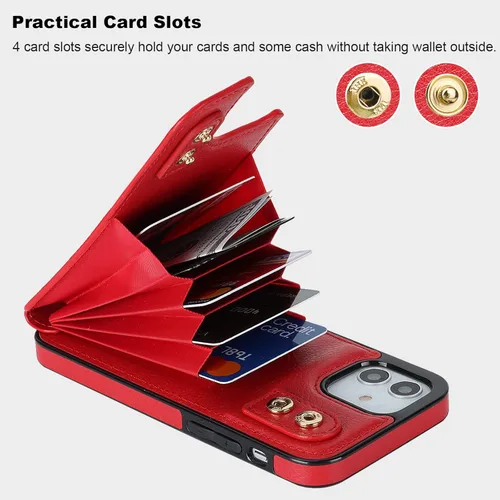 Miniatura 4 de Folosu Funda compatible con iPhone 12 iPhone 12 Pro con soporte para tarjetas, rotación de 360°, soporte de anillo de dedo con función atril, Rojo