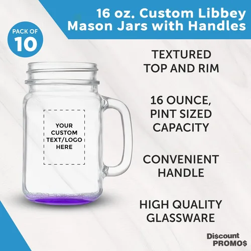 Miniatura 3 de DISCOUNT PROMOS Tarros Mason personalizados con asas de 16 onzas, juego de 10, paquete personalizado a granel, estilo tradicional, alto estándar