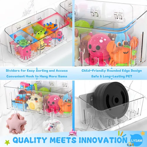 Miniatura 5 de Lysam Almacenamiento de juguetes de baño, 2 paquetes, soporte grande para juguetes de baño con 3 compartimentos, organizador de juguetes de bañera