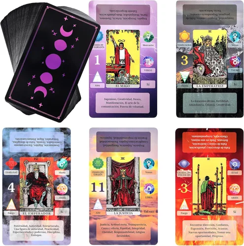 Miniatura 9 de BWTY - Juego de cartas de tarot con libro guía y 7 cartas de chakras. Tarot de aprendizaje para principiantes con significados en ellas, palabras Oro