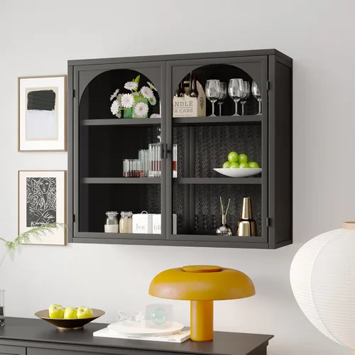Miniatura 10 de Armario de pared de doble puerta de vidrio brumoso estilo retro con estantes desmontables para oficina, comedor, sala de estar, cocina y baño negro
