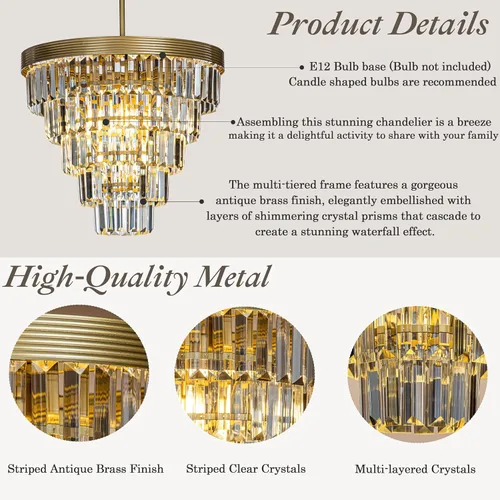 Miniatura 5 de ALOADECOR Candelabro de cristal de 5 niveles con forma de cono glamoroso de 4 luces, de 16 pulgadas, color dorado suave, ajustable, contemporáneo