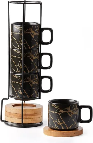 Miniatura 16 de LUKA Tazas de Porcelana Apilables a Cuadros Blancos y Negros para Espresso con Platillos y Soporte de Metal, Juego de Tazas Pequeñas de Cerámica
