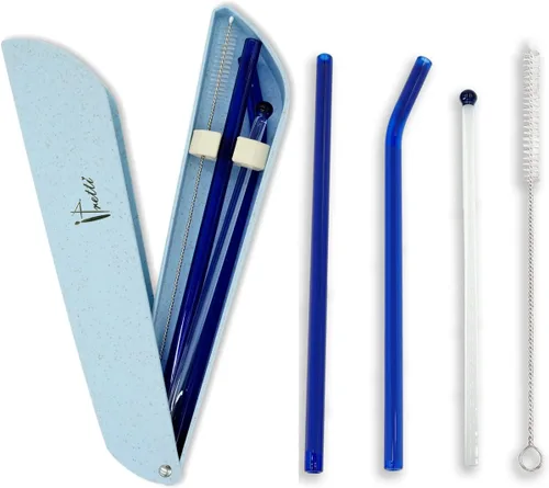 Pajitas de vidrio reutilizables con estuche de viaje, tamaño 0.315 x 0.315 in, pajitas de vidrio de grado alimenticio para batidos, bebidas, Azul