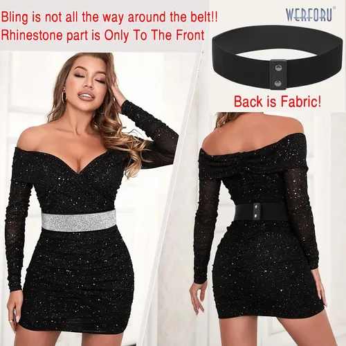 Miniatura 2 de WERFORU Cinturón de vestir elástico ancho con diamantes de imitación para mujer, cinturón de cintura de fiesta brillante