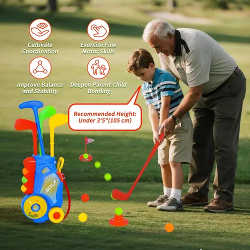 Miniatura 5 de Nattork Juego de golf para niños y niñas de 1, 2 y 3 años, carrito de golf mejorado para niños con 4 palos y 12 pelotas, juguete deportivo para Azul