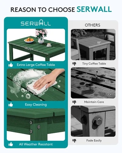 Miniatura 6 de SERWALL Mesa de centro para exteriores con agujero para sombrilla de 1.69 pulgadas, mesa de centro de polietileno de alta densidad para patio, Verde