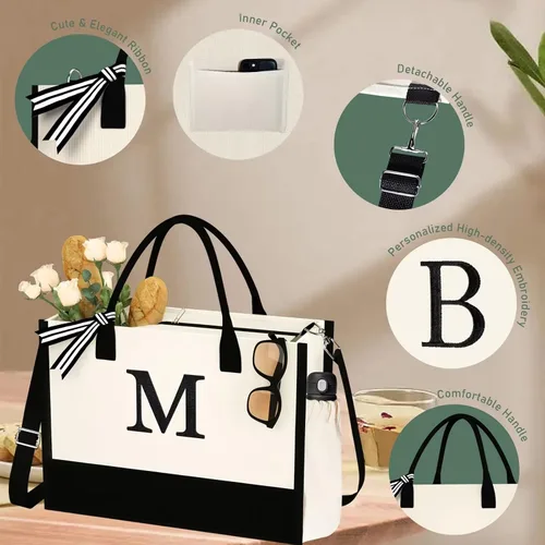 Miniatura 5 de Bolsa de Lona con Inicial - Bolsas de Compras Reutilizables, Canasta de Regalos de Cumpleaños para Damas de Honor, Amigas y Maestras for