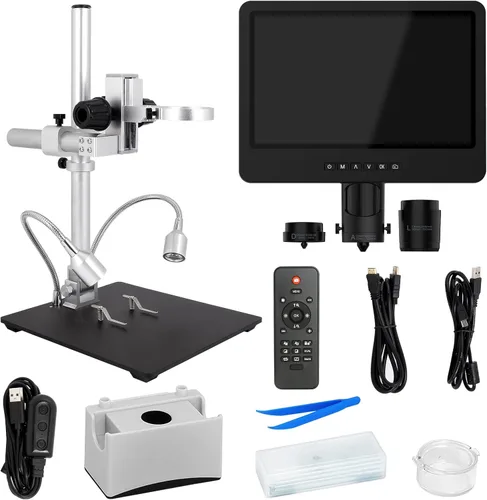 Miniatura 8 de JL249MS Microscopio digital HDMI de 3 lentes de 10.1 pulgadas 2000X, cámara de microscopio de soldadura con soporte de brazo de pluma, video UHD