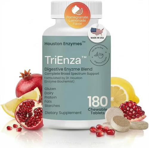 Houston Enzymes TriEnza - Suplemento enzimático digestivo para gluten, caseína, soja, proteínas, carbohidratos, grasas y polifenoles, enzimas