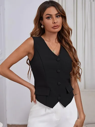 Miniatura 4 de SweatyRocks Elegante chaleco sin mangas con cuello en V y botones delanteros para mujer