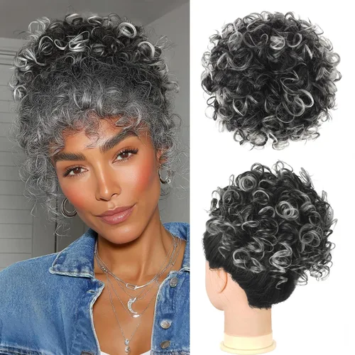 Miniatura 11 de PEACOCO Extensión de Cola de Caballo Corta y Rizada Moño Desordenado con Cordón Elástico Moño de Cabello Suelto para Mujeres con Cabello Delgado