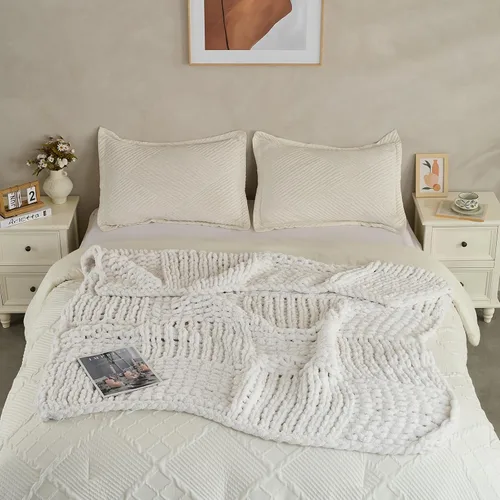Miniatura 6 de Manta de punto grueso de 50 x 60 pulgadas, hecha a mano, acogedora y ligera para todas las estaciones, poliéster resistente a las arrugas, para Beige