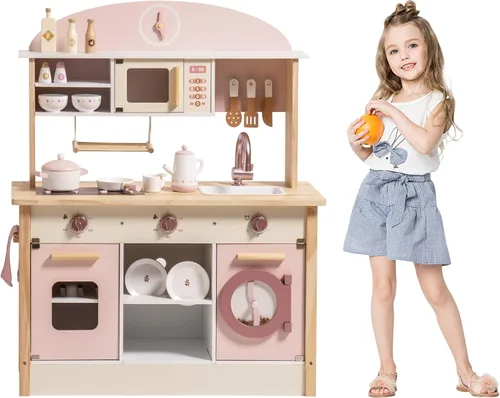 Miniatura 2 de ROBOTIME Juego de cocina de madera, juego de cocina de juego de simulación para niños con diseño realista, juego de cocina para niños y niños Rosa