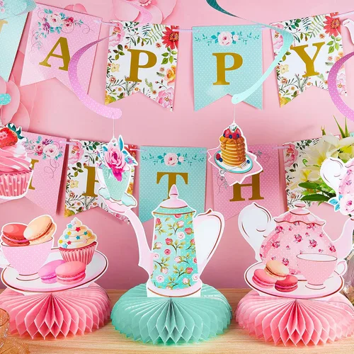 Miniatura 4 de Decoraciones florales de fiesta de té y cumpleaños - Suministros de fiesta "Tea for Two" para niñas pequeñas, guirnalda floral colgante y centro