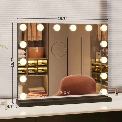 Miniatura 9 de Espejo de tocador con luces, espejo de maquillaje iluminado con bombillas LED regulables, 3 modos de iluminación de color, puerto de carga USB, Negro