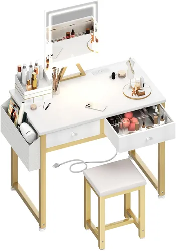 Miniatura 10 de Lufeiya Mesa de Tocador Pequeña para Maquillaje con Cajones de Tela, Mesa de Tocador Blanca de 32 Pulgadas con Espejo y Luz, Juego de Mesa