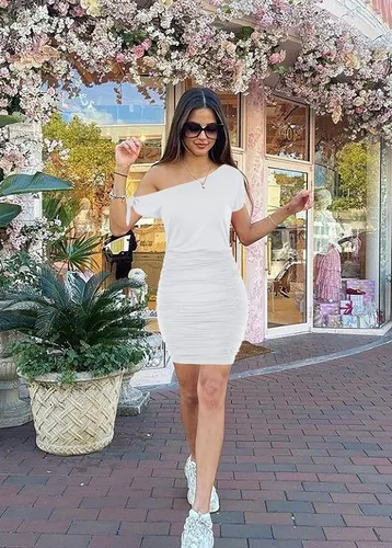 Miniatura 5 de Vestido corto de manga corta para mujer, con un hombro descubierto, fruncido y fruncido, para club, fiesta