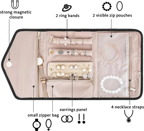 Miniatura 2 de BAGSMART - Organizador de joyas plegable de viaje para anillos, collares, pulseras y aretes, color negro