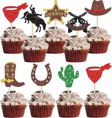 Miniatura 9 de Rsstarxi Paquete de 30 adornos de vaquero para cupcakes con purpurina para zapatos de caballo de vaquero, botas, pistola, temática occidental