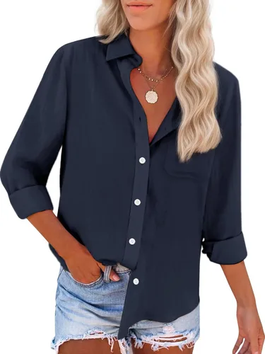 Miniatura 16 de Camisas de algodón con botones, para mujer, camisas de vestir Oxford, camisas de trabajo de manga larga, blusas con cuello y bolsillo