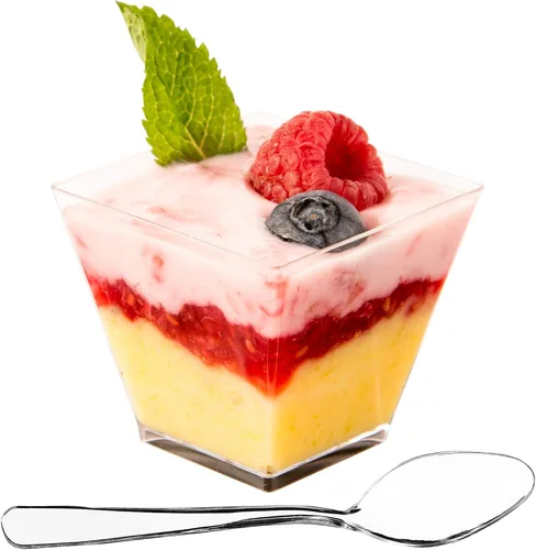 Miniatura 13 de DLux 100 x 2oz Tazas Cuadradas Mini de Postre con Cucharas y Tapas, Taza de Plástico Transparente para Aperitivos Parfait - Pequeño Cuenco