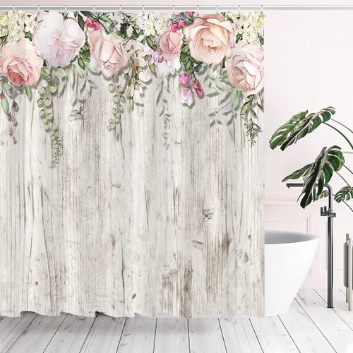 Miniatura 8 de Tititex Juegos de Cortinas de Ducha de Rosas Lilas Rosadas con Flores, Pétalos Florecientes Ruborizados que Caen, Decorativo de Baño 70x70 Pulgadas