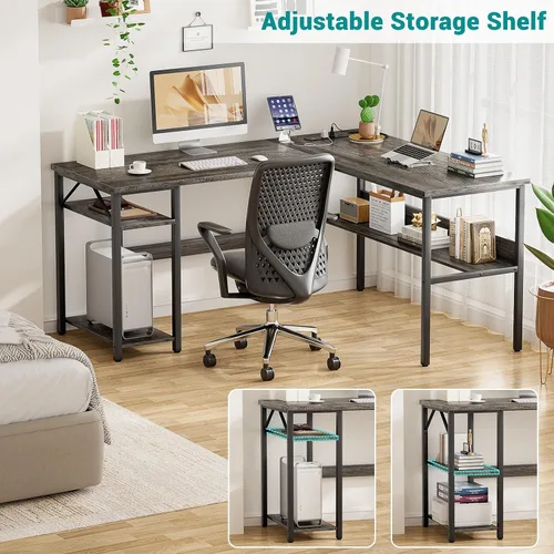 Miniatura 7 de Escritorio reversible en forma de L para juegos con tomas de corriente y puertos de carga USB, escritorio para computadora resistente con estante