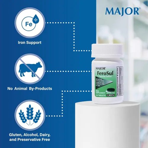 Miniatura 4 de Major Ferosul - Tabletas de sulfato ferroso de 325 mg con 65 mg de hierro elemental, suplemento de hierro para mujeres, hombres, verde, 100 tabletas