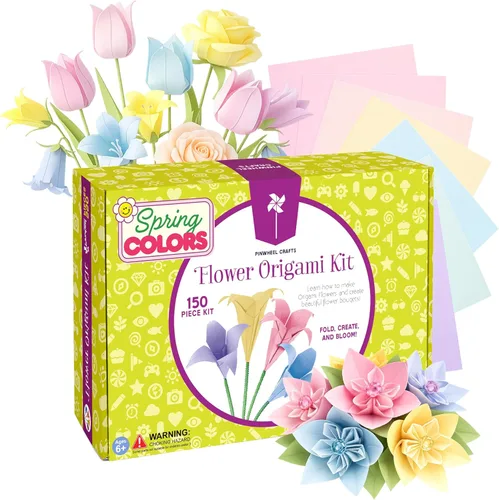 Pinwheel Crafts Kit de origami de flores para niños de 8 a 12 años | Kit de papel de origami de 150 piezas con papel plegable de color primavera,