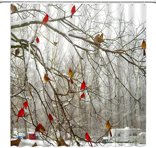 Miniatura 9 de Cortina de ducha de Navidad de invierno con pájaros rojos de Navidad, pájaros, árbol de pino, rama, bosque, copo de nieve, nevada, día festivo