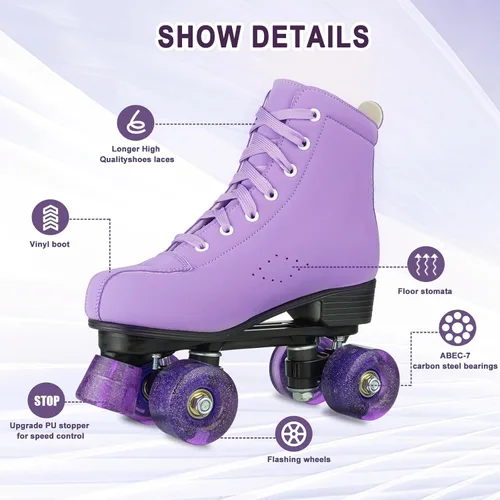 Miniatura 5 de YYW Patines de ruedas para mujeres y niñas, zapatos de tacón alto, patines de dos filas, brillantes, de cuatro ruedas, unisex, de piel sintética