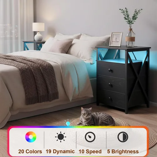 Miniatura 9 de AMHANCIBLE Juego de 2 mesitas de noche, mesita de noche LED con estación de carga, mesas auxiliares con puerto USB y tomacorriente, mesita de noche