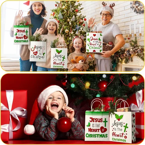 Miniatura 6 de Zhanmai 24 bolsas de regalo de Navidad con asas a granel, cristiano Jesús es el corazón de Navidad, bolsas con corazón, hoja de flor de pascua