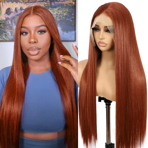 SAPPHIREWIGS Peluca de cabello lacio natural color marrón rojizo #350, sin enredos, línea capilar natural 6 × 13, parte de libertad de encaje