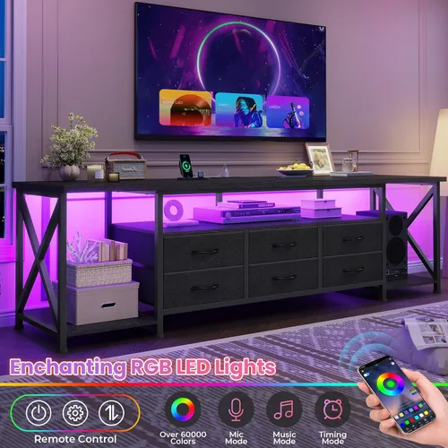 Miniatura 3 de BTHFST Soporte de TV con luces LED y tomas de corriente, para televisores de hasta 85 pulgadas, 6 cajones de tela, centro de entretenimiento