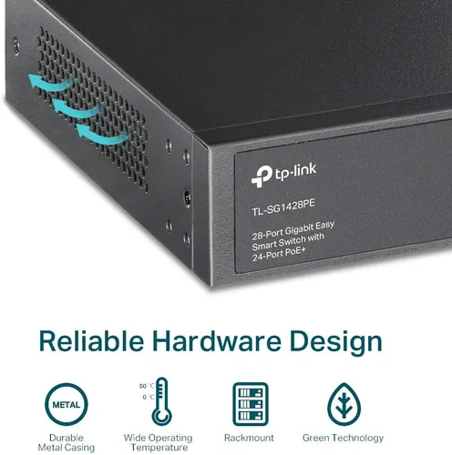Miniatura 7 de TP-Link Switch Easy Smart Gigabit PoE+ de 24 puertos (TL-SG1428PE), 250W, 2 ranuras SFP, 10/100/1000 Mbps, compatible con escritorio, Linux, Unix
