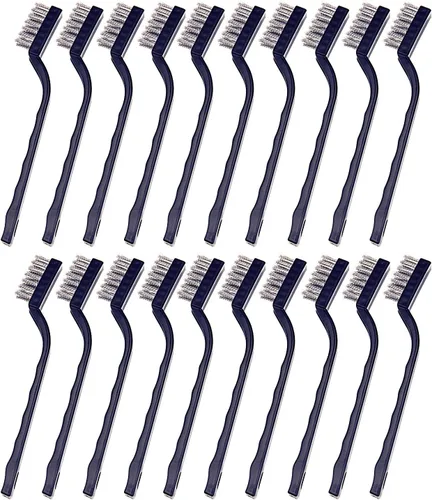Sunmns Juego de 20 cepillos de cerdas de alambre de acero inoxidable con mango pequeño para limpiar escoria, manchas y óxido de soldadura (plateado)