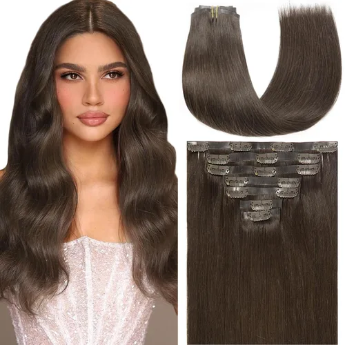 Miniatura 38 de Loxxy Extensiones de cabello humano con clip, sin costuras, 22 pulgadas, color marrón oscuro a castaño oscuro y marrón oscuro, 7 piezas