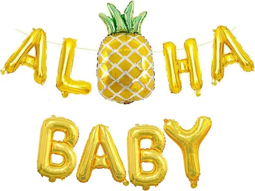 Aloha - Cartel para bebé, guirnalda de piña, decoraciones hawaianas de globos de baby shower, decoración de fiesta de anuncio de bebé, purpurina
