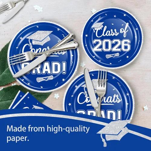 Miniatura 2 de OuMuaMua suministros de vajilla para fiesta de graduación 2026 - 200 piezas, platos y servilletas desechables azules y blancas para la decoración